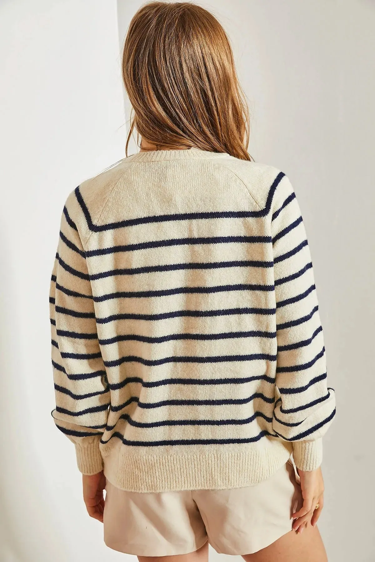 Women's Buttoned Turtleneck Striped Knit Sweater