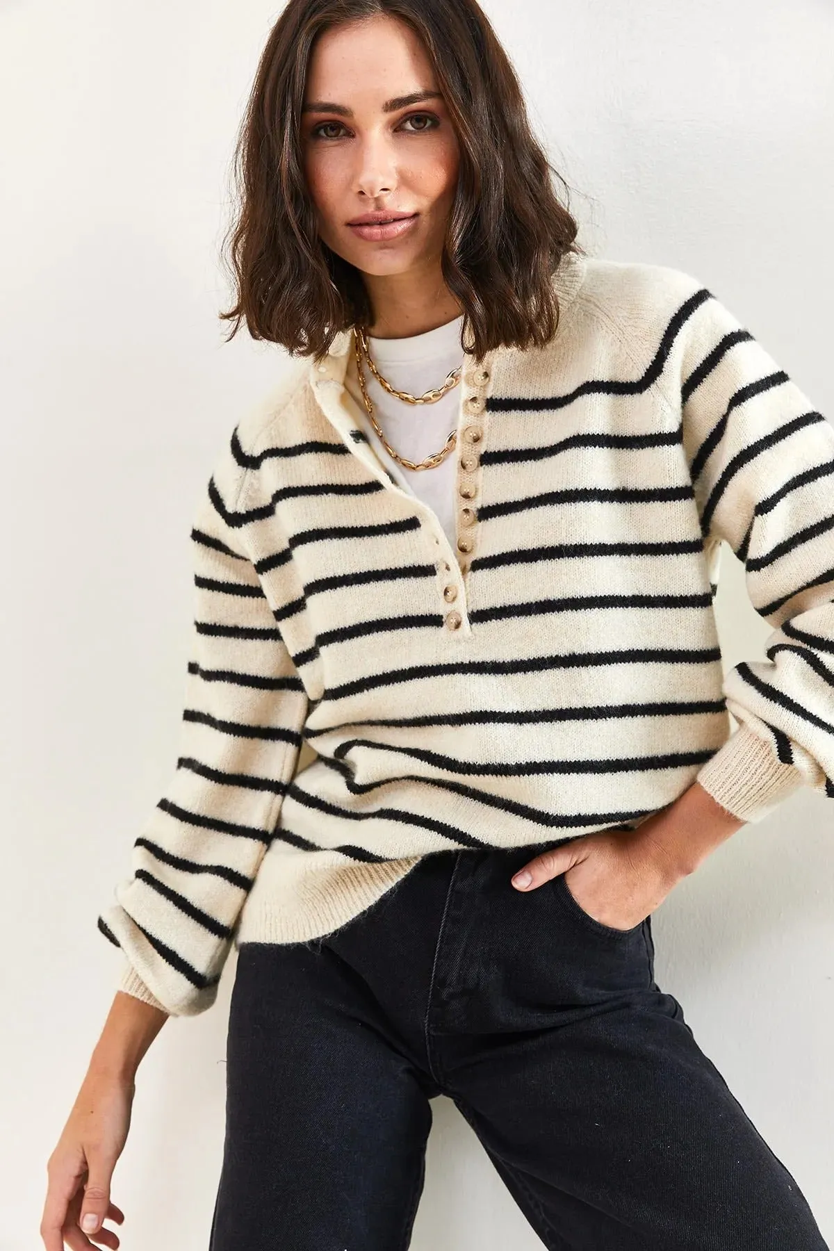 Women's Buttoned Turtleneck Striped Knit Sweater