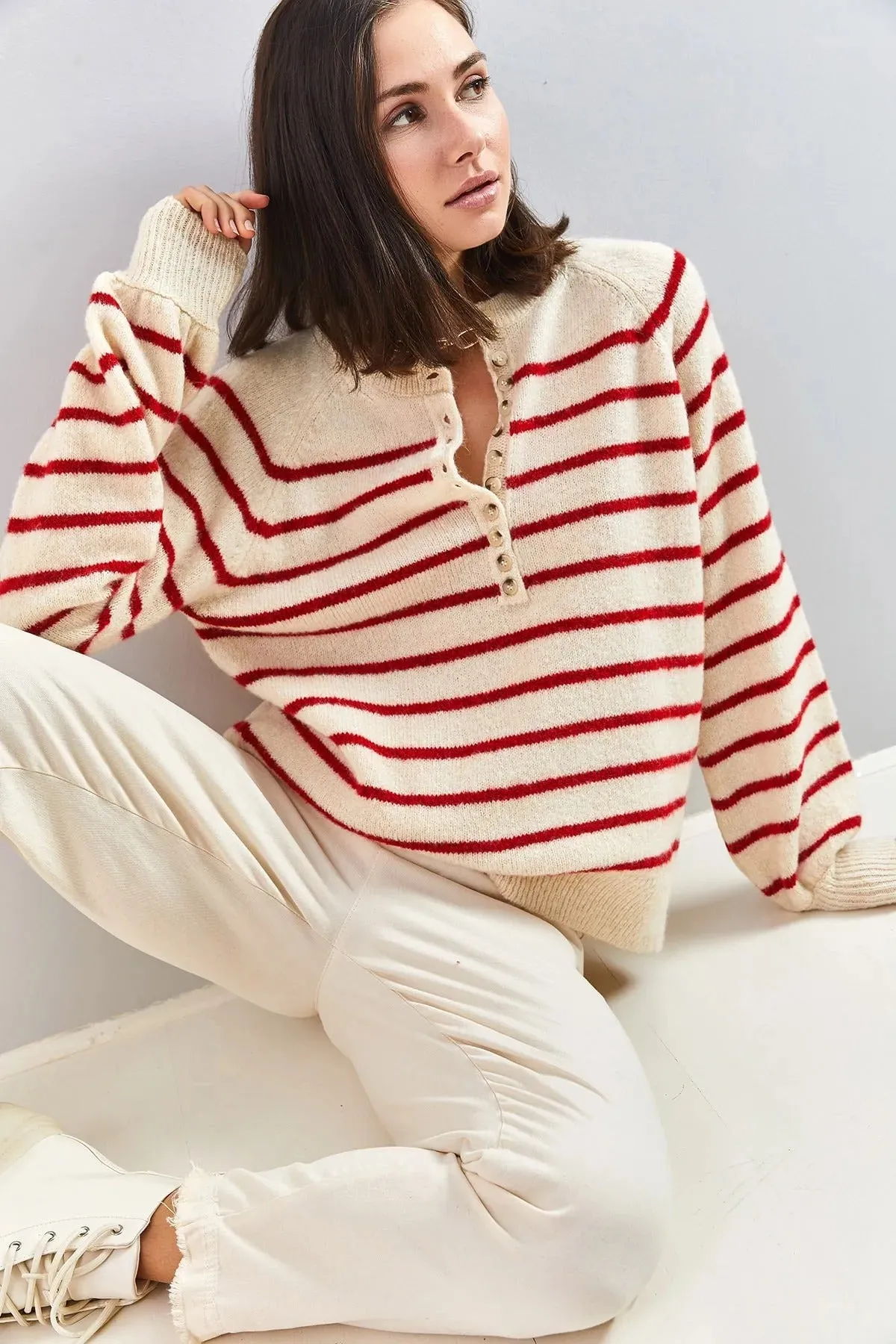 Women's Buttoned Turtleneck Striped Knit Sweater