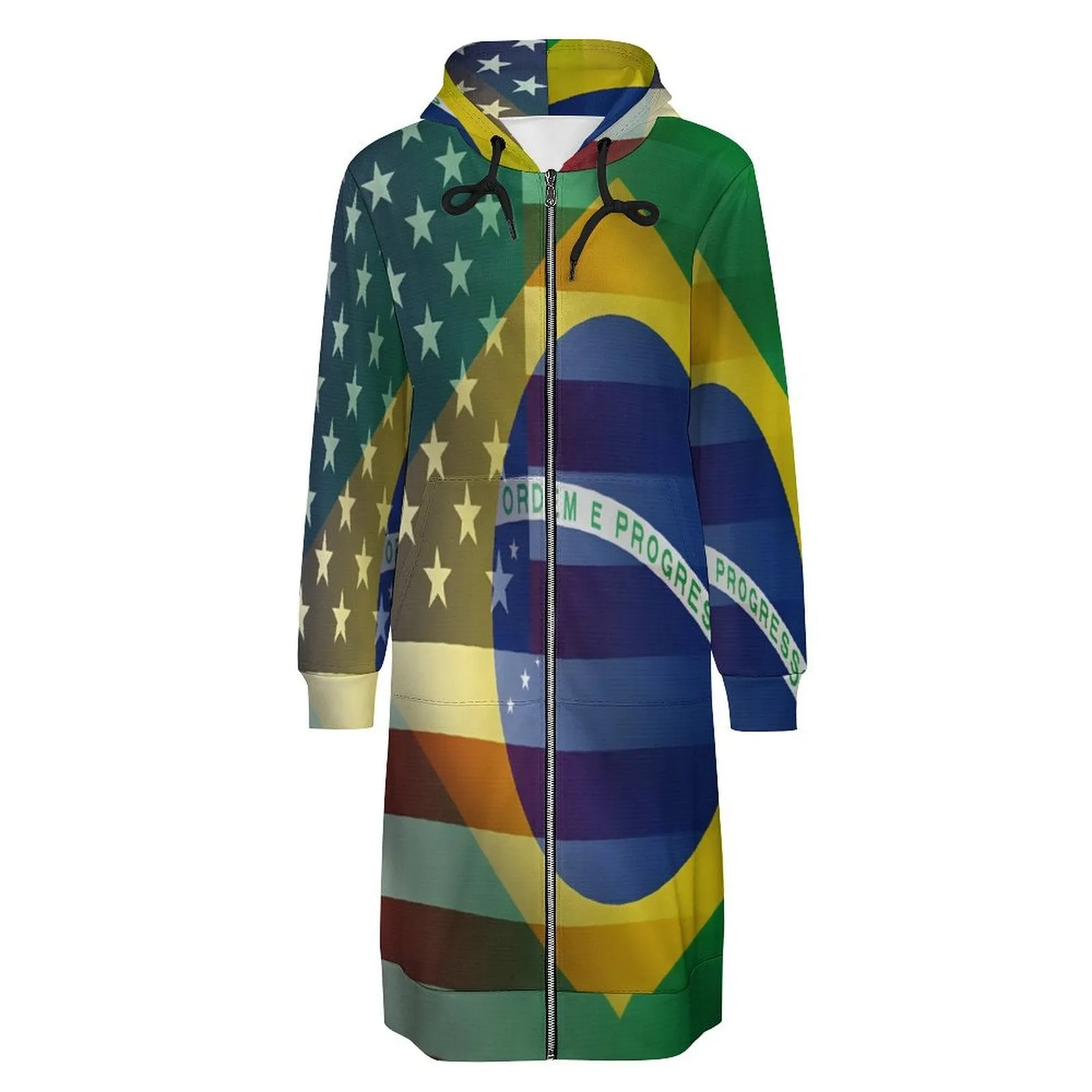 Women's Madison Ave Zip Up Hoodie Dress With American Brazilian Flags Meshed Together