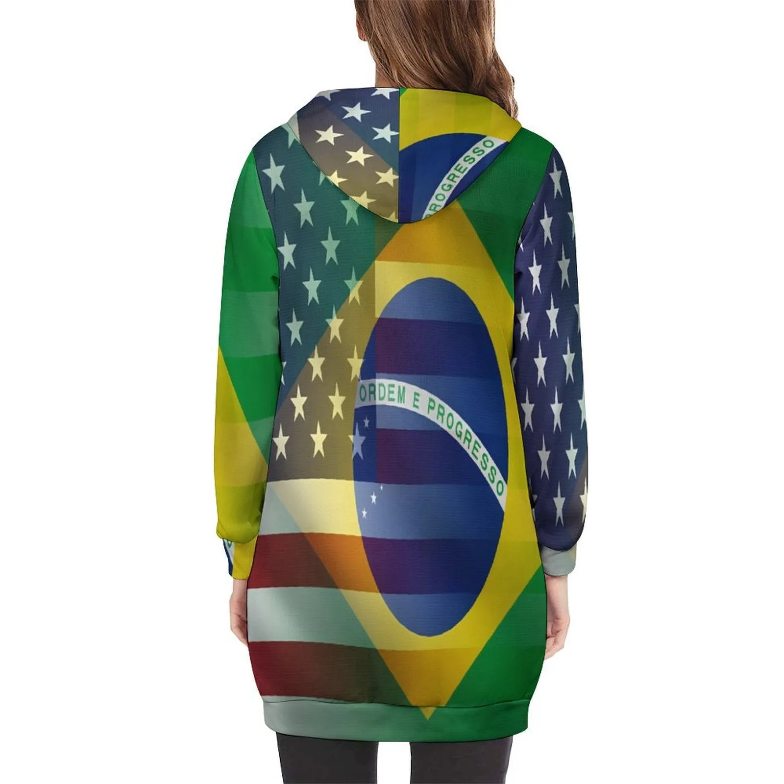 Women's Madison Ave Zip Up Hoodie Dress With American Brazilian Flags Meshed Together