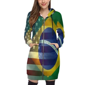 Women's Madison Ave Zip Up Hoodie Dress With American Brazilian Flags Meshed Together