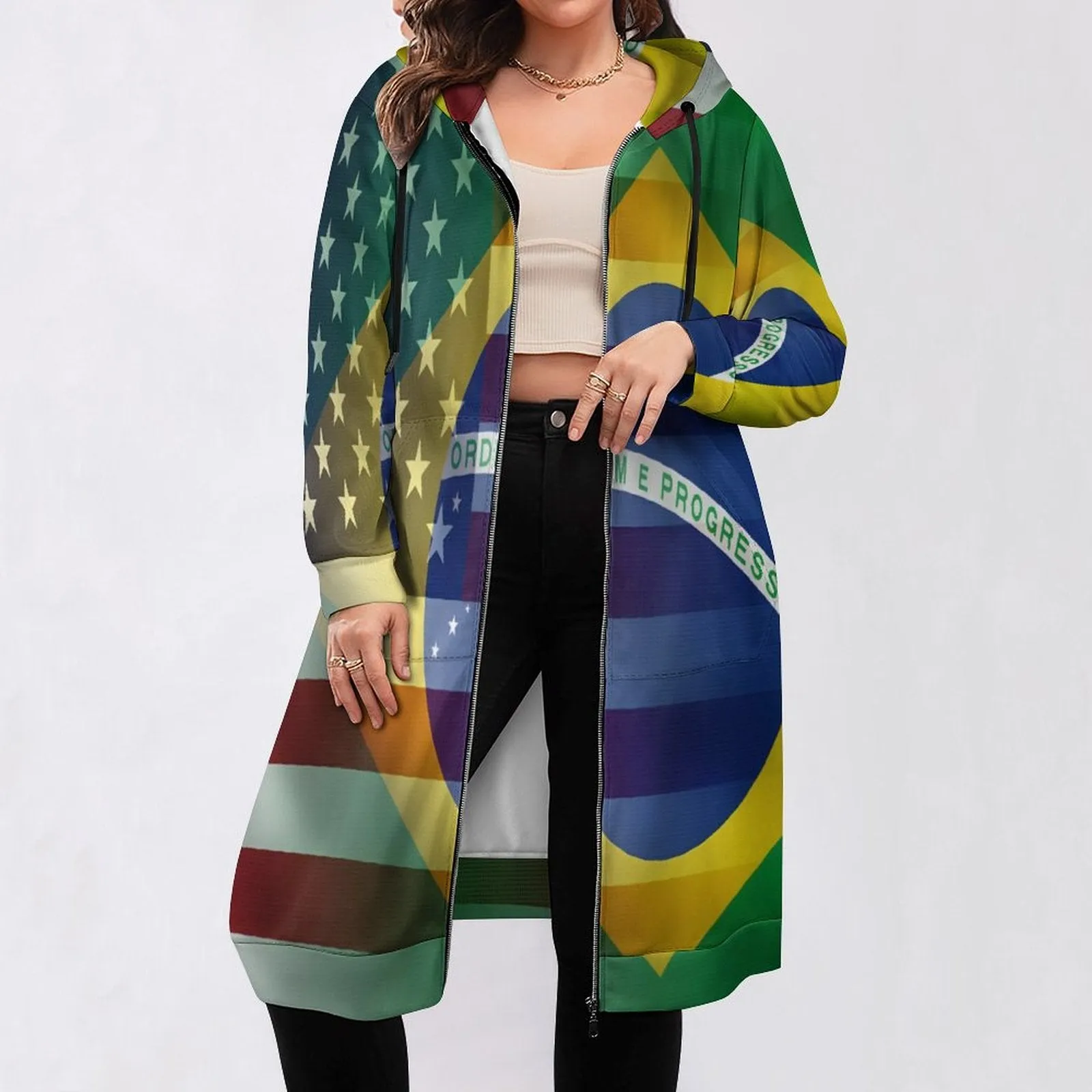 Women's Madison Ave Zip Up Hoodie Dress With American Brazilian Flags Meshed Together