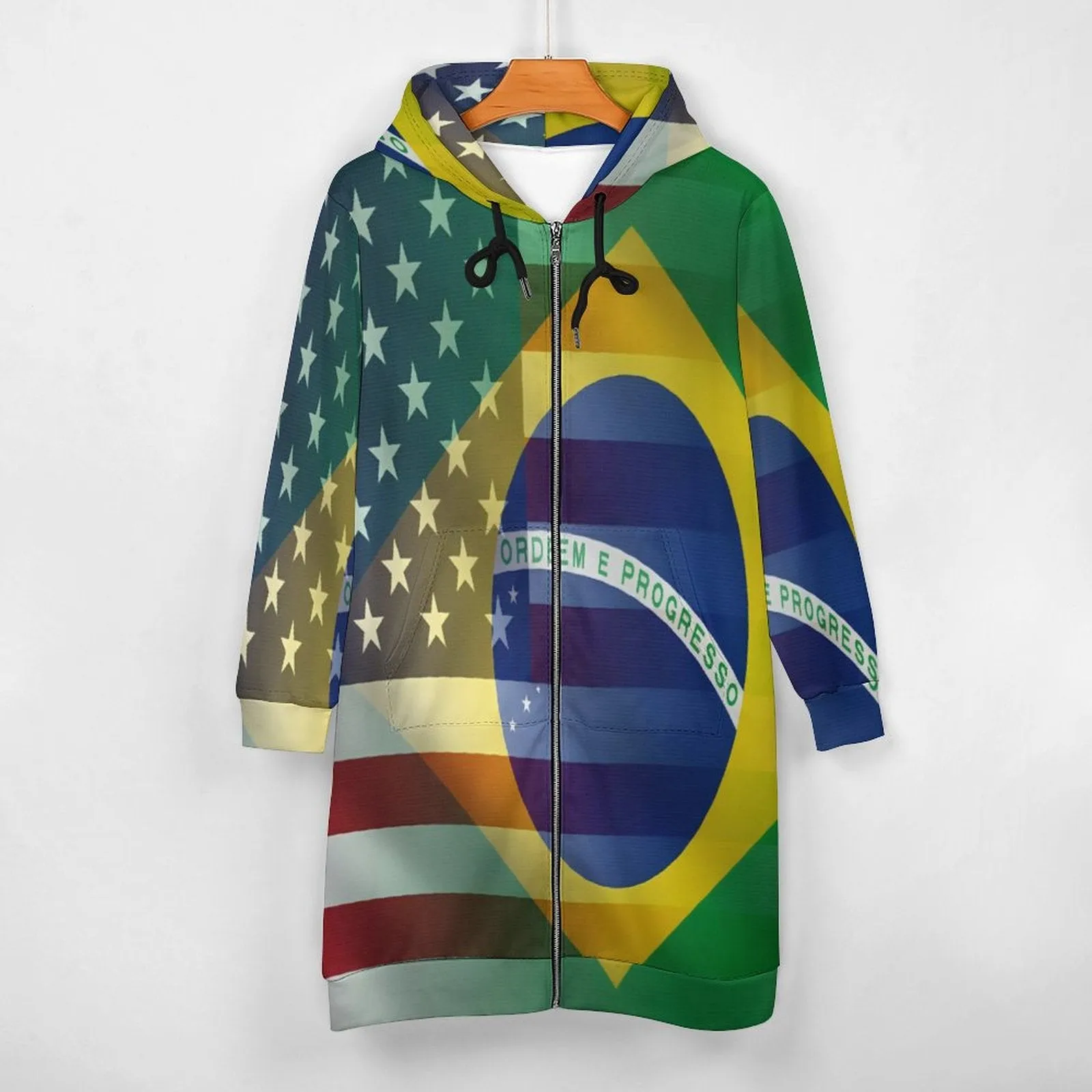 Women's Madison Ave Zip Up Hoodie Dress With American Brazilian Flags Meshed Together